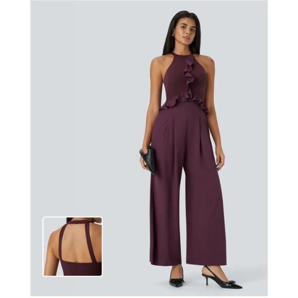 New Halara womens Breezeful halter ruffle buckle backless wide leg jumpsuit sz L - Picture 1 of 15